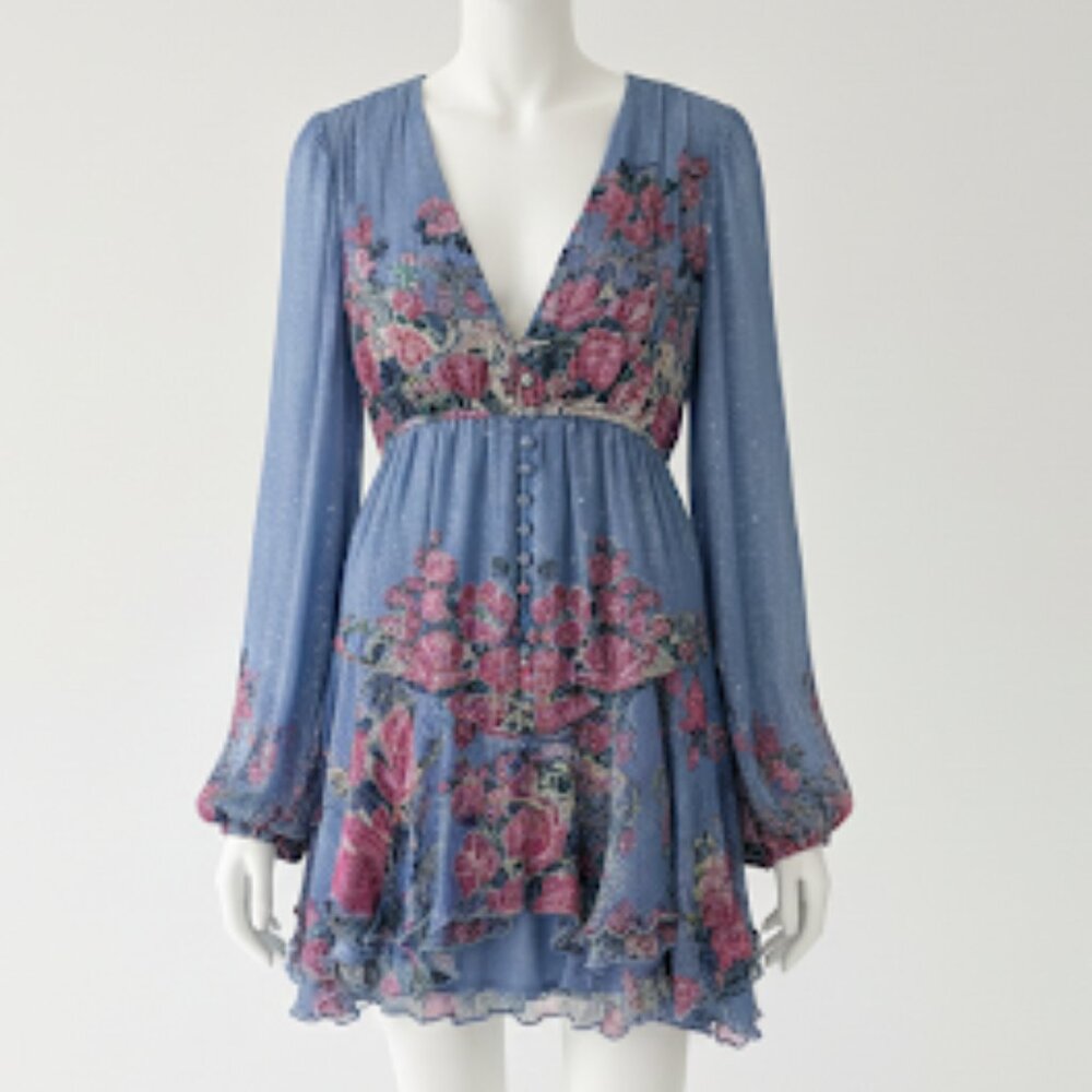 Hemant & Nandita short ruffle dress. Blue / pink / silver. Size S